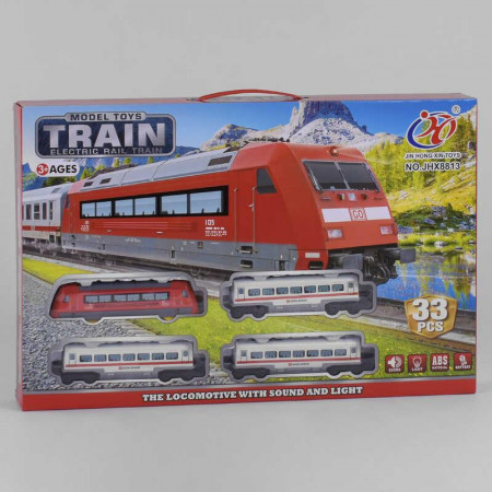 Железная дорога JHX 8813 (24/2) "Пассажирский поезд", на батарейках, 33 элемента, 3 вагона, звук, свет, аксессуары, в коробке [Коробка]