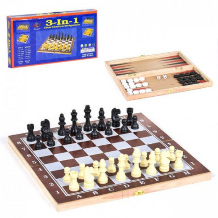 Шахи дерев'яні С 36810 (80) 3 в 1, дерев'яна дошка, дерев'яні шахи в коробці