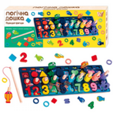 Дошка логічна 11825 (40) "WToys", дерев`яна, 10 кольорових рибок, магнітна риболовля, цифри та фігури,  кілочки, в коробці